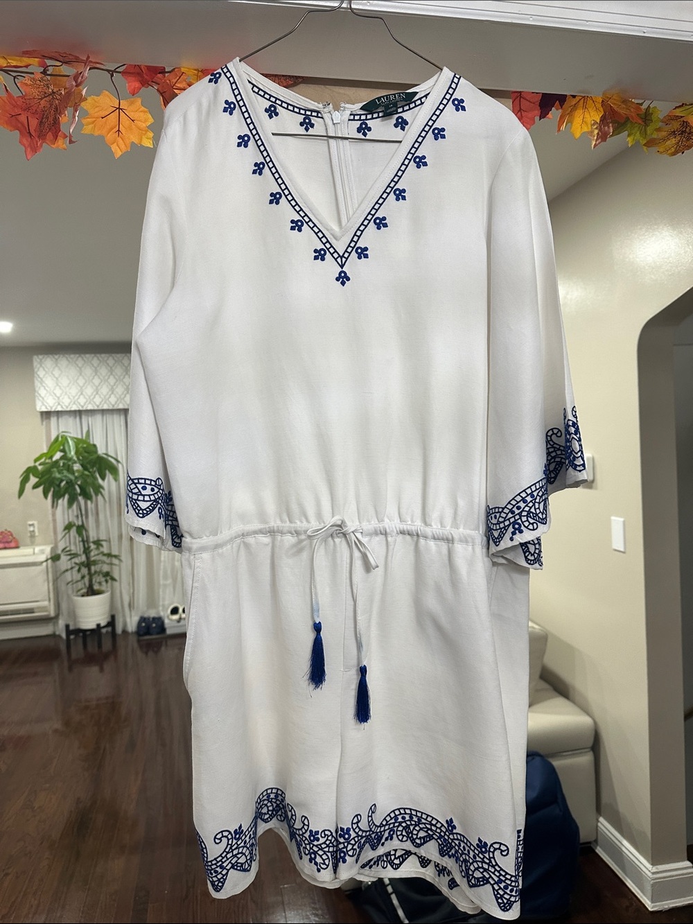 Lauren Ralph Lauren White Tunic with Navy Blue Embroidery